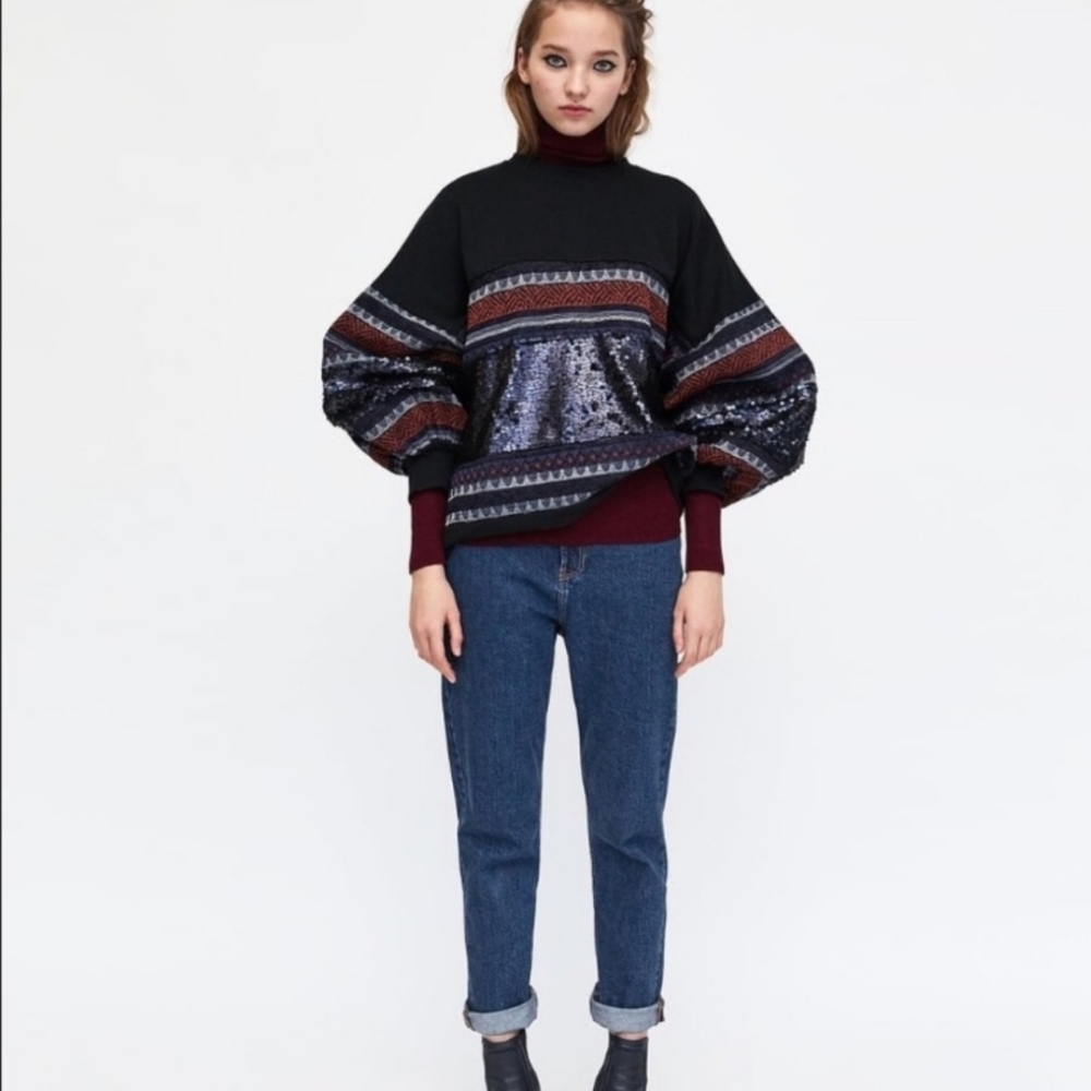 Zara sequin Navy Blue bell sleeves sweatshirt size Medium